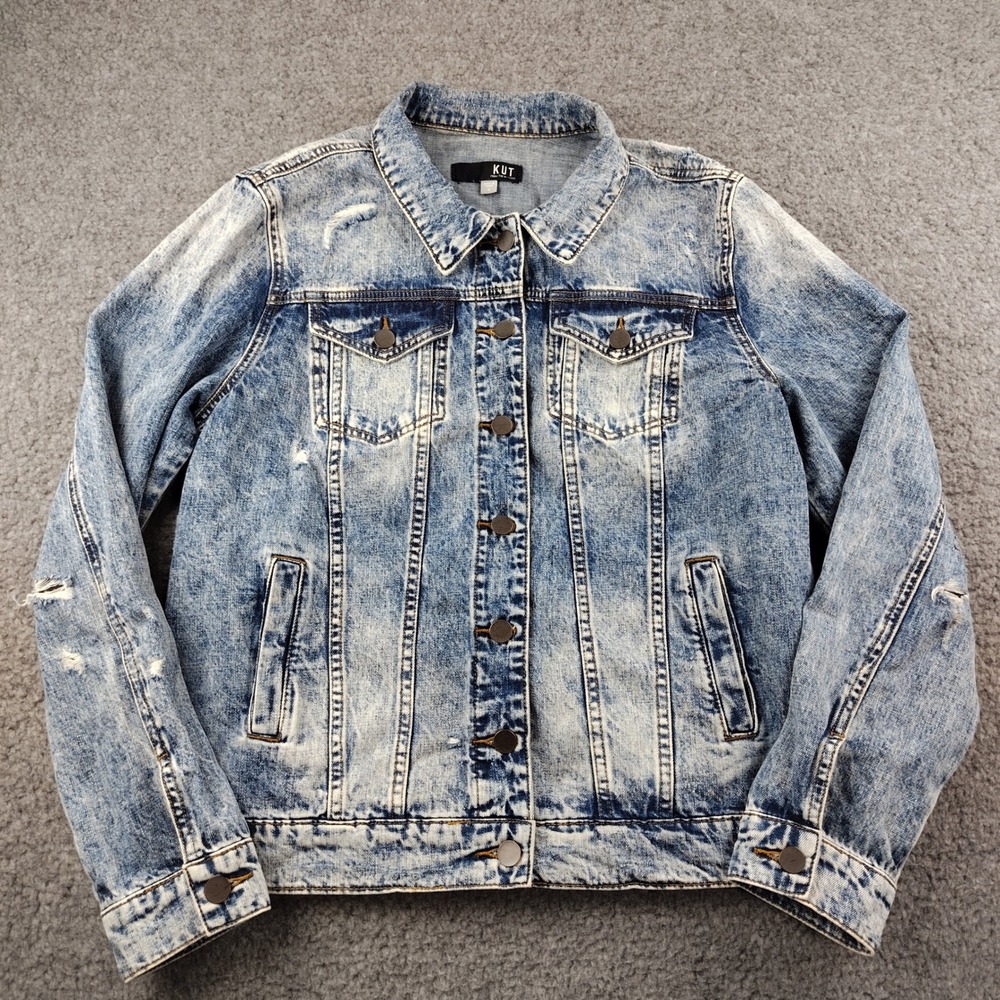 KUT from the Kloth Acid Wash Distressed Denim Trucker Jacket Light Size Small